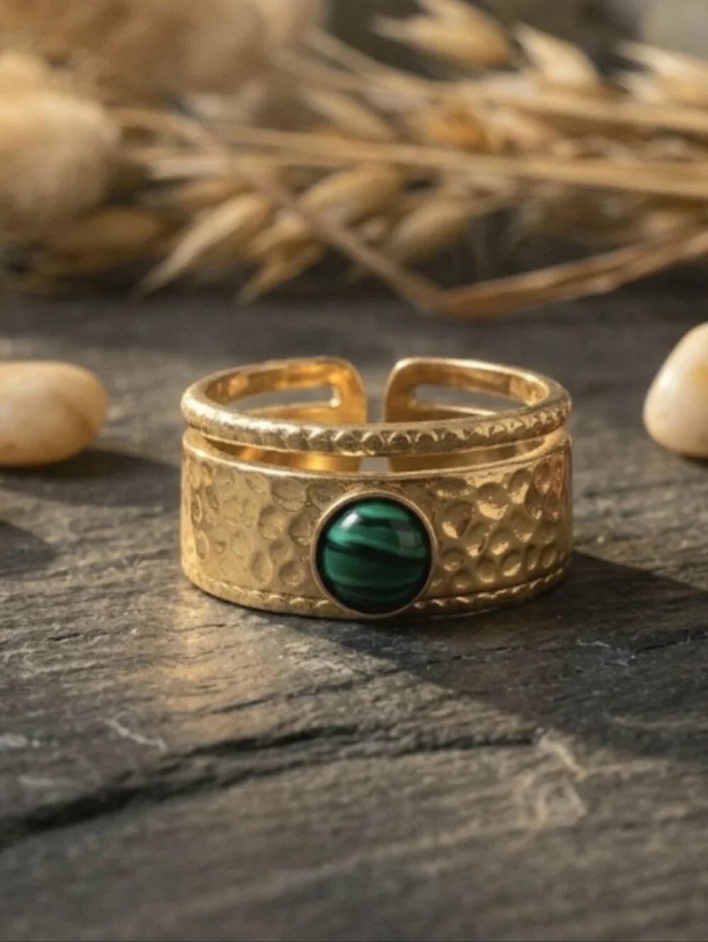 Malachite Cabochon Open Band Ring 18K Gold Plated Hammered Statement Size 7